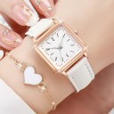 Set di orologi da donna alla moda con quadrante quadrato, cinturino in pelle e bracciale a forma di cuore Elegante set di gioielli Regalo 3