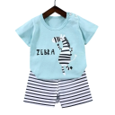 Set estivo per bambini Maglietta in cotone a maniche corte con bottoni Stampa zebra Maglietta blu Pantaloni corti a righe 1