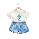 Set estivo per ragazze con t-shirt a maniche corte e pantaloni corti a quadri Collo rotondo Stampa di frutta Abbigliamento comodo 4