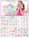 Set mit 10 Bögen temporärer Tattoos 12 x 7 cm mit Einhörnern, Regenbogen, Blumen und Herzen, farbige Tattoo-Aufkleber für den Körper 1