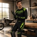 Set motokrosového dresu s dlouhým rukávem a kalhot s řemínkem a přezkou v pase a neonově žlutými pruhy na motorku i čtyřkolku černý 4