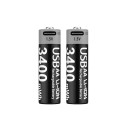 Set of 2 Rechargeable AA Batteries 3400mWh Lithium-Ion 14.5x50.5 mm with USB-C Charging Reusable Eco-Friendly Alternative to Alkaline Batteries 1
