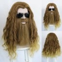 Set parrucca con baffi e barba Biondo scuro Marrone chiaro con punte bionde 56 cm Parrucca sintetica ondulata Cosplay Carnevale Costume Accessorio 2