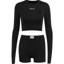 Set sport din două piese pentru femei, top scurt cu mâneci lungi și decolteu rotund, pantaloni scurți elastici strâmți, set fitness 6