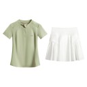 Set sportiv pentru femei din două piese, tricou cu mânecă scurtă și fermoar frontal și fustă plisată, set elastic din poliester 4