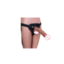 Set strap-on con dildo in silicone realistico taglia M con testicoli e ventosa in imbracatura di pelle design confortevole regolabile confezione discreta 1
