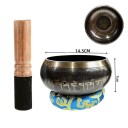 Set tibetischer Klangschalen 14,5 cm mit tibetischer Schrift, Lederstock und Kissen für Meditation, Yoga, Entspannung, Chakrenheilung und Gebet 9