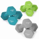 Set van 12 kg halters met standaard 6 dumbbells van 1 kg, 2 kg en 3 kg zeshoekig in groene turquoise en grijze kleur voor thuisfitness en training 7