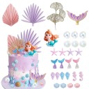 Set van 30 taartdecoraties Zeemeermin met kroonstaart Zeester Zeepaardjes Parels Plastic feestdecoratie Paars-roze 1
