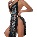 Sexy dámska nočná košilka s čipkou Čierne domáce spodné prádlo s rozparkom a výstrihom do V Motýlí a leopardí vzor Polyester Spandex 1