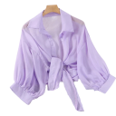 Short Women's Shirt with Front Knot Sheer Blouse Crop Cut Lightweight Airy Material Button Closure Stylish Summer Top 6