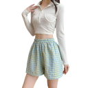 Shorts pentru femei cu talie înaltă, elastic, croi lejer, bumbac, poliester, uni, în carouri, pantaloni scurți confortabili de vară 2