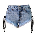 Shorts vaqueros de verano para mujer con cordones - Azul 1