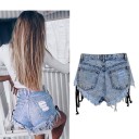Shorts vaqueros de verano para mujer con cordones - Azul 4