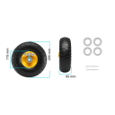 Sistem de 2 piese cu anvelope PU solide 115×255×82 mm, roată plină cu miez metalic și ax, construcție rezistentă, disc galben, piesă de schimb 2