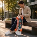 Skateboard narancssárga kerekekkel és tök mintával 76,5 cm 30,12 hüvelyk Többrétegű fa deszka kicktaillel Fehér-narancssárga Városi közlekedéshez 6