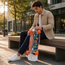 Skateboard oransseilla pyörillä ja kurpitsaprintillä 76,5 cm 30,12 tuumaa Monikerroksinen puulauta kicktaililla Valkoinen-oranssi Kaupunkiajoon 6
