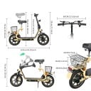 Skládací elektrický skútr se sedátkem a košíkem Motor 500 W Rychlost 40 km/h Dojezd 30 km Baterie 48 V 13 Ah Pneumatiky 14 palců Do města 3