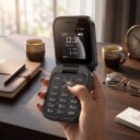 Skládható mobiltelefon Véčko gombokkal Színes kijelző 1,77 hüvelyk 6,3 x 6,3 cm Műanyag ház Dual SIM Mint második telefon zsebbe 7