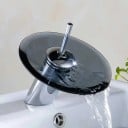 Sklenená umývadlová batéria vodopádový výtok výška 12 cm základňa 5,5 cm pripojenie G1/2 dymové sklo stojanový kohútik do kúpeľne 1