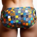 Slip de banho cinzentos para homem com estampado colorido, elásticos e de secagem rápida, corte justo 2