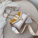 Small women's crossbody handbag with flap Gold buckle with chain strap Narrow chain strap and wide textile strap PU leather 20 x 15 x 7 cm 7