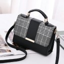 Small women's handbag for hand or shoulder carry made of artificial leather Flap with checked textile pattern Short handle Long strap Gold 1