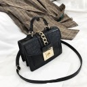 Smaller women's handbag with flap and crocodile pattern Gold chain and metal lock Handle for hand and strap over shoulder Artificial PU leather 1