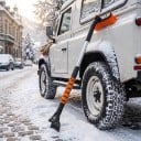 Snow Brush with Ice Scraper 2 in 1 Extendable Aluminium Pole Rotating Brush Head 25 cm Foam Grip Collapsible Orange For Car 4