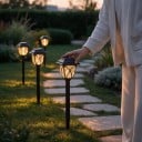 Solární zahradní LED světla 4 ks Teplá bílá Vodotěsná Výška 40,6 cm Plast ABS Černá Lucernová cestičková světla na trávník a chodník 3