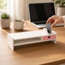 Soporte para monitor con cajón y soporte para teléfono Organizador de escritorio 503 x 120 x 183 mm Blanco con cajón rosa Para oficina y hogar 4