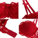 Sostén balconette de encaje para mujer con efecto push-up y tirantes divididos con lazos con patrón floral y borde ondulado 10