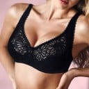 Sostén de encaje para mujer con lazo Copas completamente de encaje con patrón floral Ribete ondulado Banda inferior lisa Poliéster 8