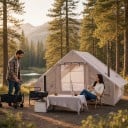 Spacious Inflatable Camping Tent in the Shape of a House 300 x 210 x 200 cm With Pump and Carry Bag Beige For Camping and Outdoor Trips 4