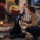 Spaventapasseri gonfiabile con testa di zucca Palloncino in piedi Personaggio di Halloween Con le braccia alzate Decorazione per feste in nero 4