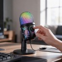 Spil USB mikrofon til PC 16 x 9 cm sort kondensator podcast med LED-belysning hovedtelefonstik og støjreduktion 6