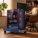 Stând pe roți pentru carcasă de computer 42,8 x 8,9 x 24–34 cm extensibil cu ventilatoare RGB și roți cu frână de culoare neagră 3