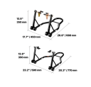 Stands per motocicli anteriori e posteriori set capacità 385 kg dimensioni 770 x 590 x 350 mm e 680 x 450 x 350 mm neri per servizio 2