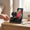 Stație de încărcare wireless 3 în 1 15 W pentru telefon Samsung Galaxy, Watch și Buds USB-C Neagră, suport cu indicatoare de încărcare pentru noptieră 4
