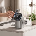 Stație de încărcare wireless magnetică 3 în 1 Qi2 15 W pentru iPhone Apple Watch și AirPods cu încărcătoare retractabile Gri Suport compact 2