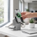Stație de încărcare wireless magnetică 3 în 1 Qi2 15 W pentru iPhone Apple Watch și AirPods cu încărcătoare retractabile Gri Suport compact 6