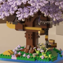 Stavba copacului Sakura Coroană violetă înflorită cu o mică casă și o grădină plină de flori model decorativ creativ 3