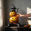 Stehender Folienballon Schwarze Katze im Hexenhut auf Kürbissen Unaufgeblasen 68 x 140 cm Orange und Schwarz Halloween Dekoration 5