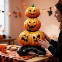 Stojaci nafukovací balónik Tekvica na sebe s vyrezanými tvárami 55 x 120 cm Oranžový a čierny Halloweenská dekorácia do domu a obchodu 3