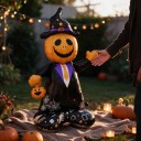Stojící nafukovací balónek Strašidlo s dýňovou hlavou v klobouku Nenafouknutý 154 x 85 cm Oranžový a černý Halloweenská dekorace 3