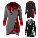 Sudadera asimétrica para mujer con cuello y puños de cuadros Panel frontal cruzado con botones Dobladillo redondeado Mangas largas Poliéster 2
