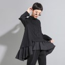 Sudadera asimétrica para mujer con parte inferior de volantes Dobladillo irregular Corte en A holgado Cuello alto Mangas largas Negra Algodón 2