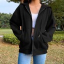 Sudadera con capucha para mujer con cremallera Corte holgado con hombros caídos Cuerdas ajustables Dos bolsillos frontales Puños y dobladillo 3