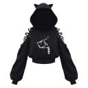 Sudadera con capucha para mujer con orejas de gato Sudadera negra con patrón de gato y cordones en los hombros Prenda cómoda de mezcla de algodón 1