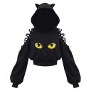 Sudadera con capucha para mujer con orejas de gato Sudadera negra con patrón de ojos de gato y cordones en los hombros Tejido de mezcla de algodón 1